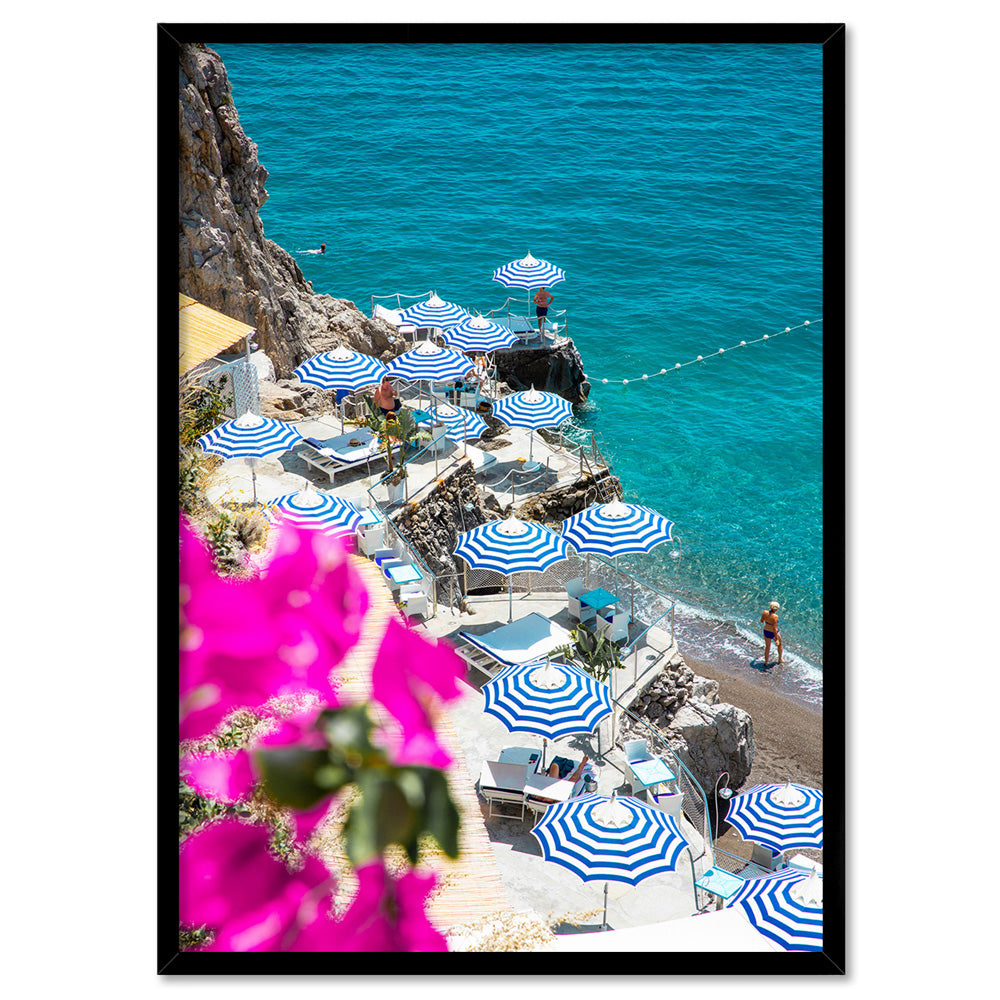 Positano Stripe Parasol View - Art Print by Victoria's Stories, Poster, Stretched Canvas, or Framed Wall Art Print, shown in a black frame