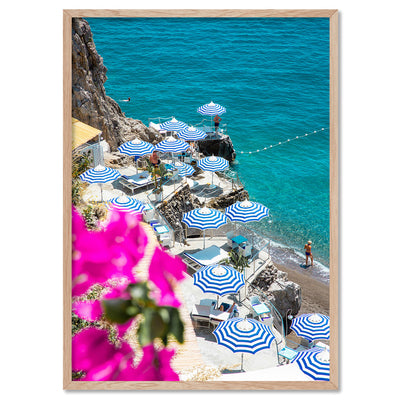 Positano Stripe Parasol View - Art Print by Victoria's Stories, Poster, Stretched Canvas, or Framed Wall Art Print, shown in a natural timber frame