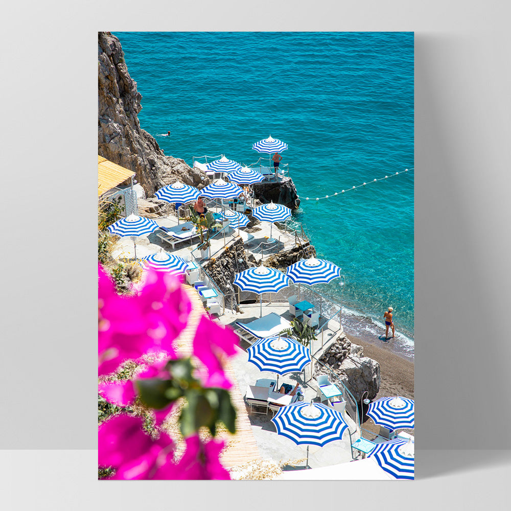 Positano Stripe Parasol View - Art Print by Victoria's Stories, Poster, Stretched Canvas, or Framed Wall Art Print, shown as a stretched canvas or poster without a frame
