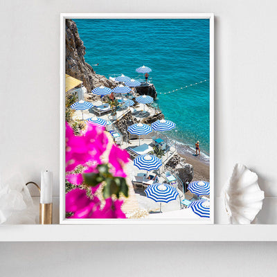 Positano Stripe Parasol View - Art Print by Victoria's Stories, Poster, Stretched Canvas or Framed Wall Art Prints, shown framed in a room