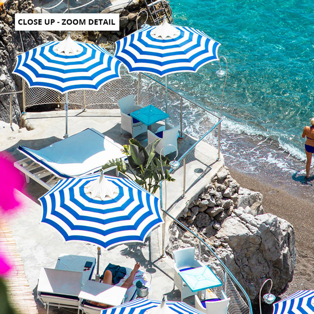 Positano Stripe Parasol View - Art Print by Victoria's Stories, Poster, Stretched Canvas or Framed Wall Art, Close up View of Print Resolution