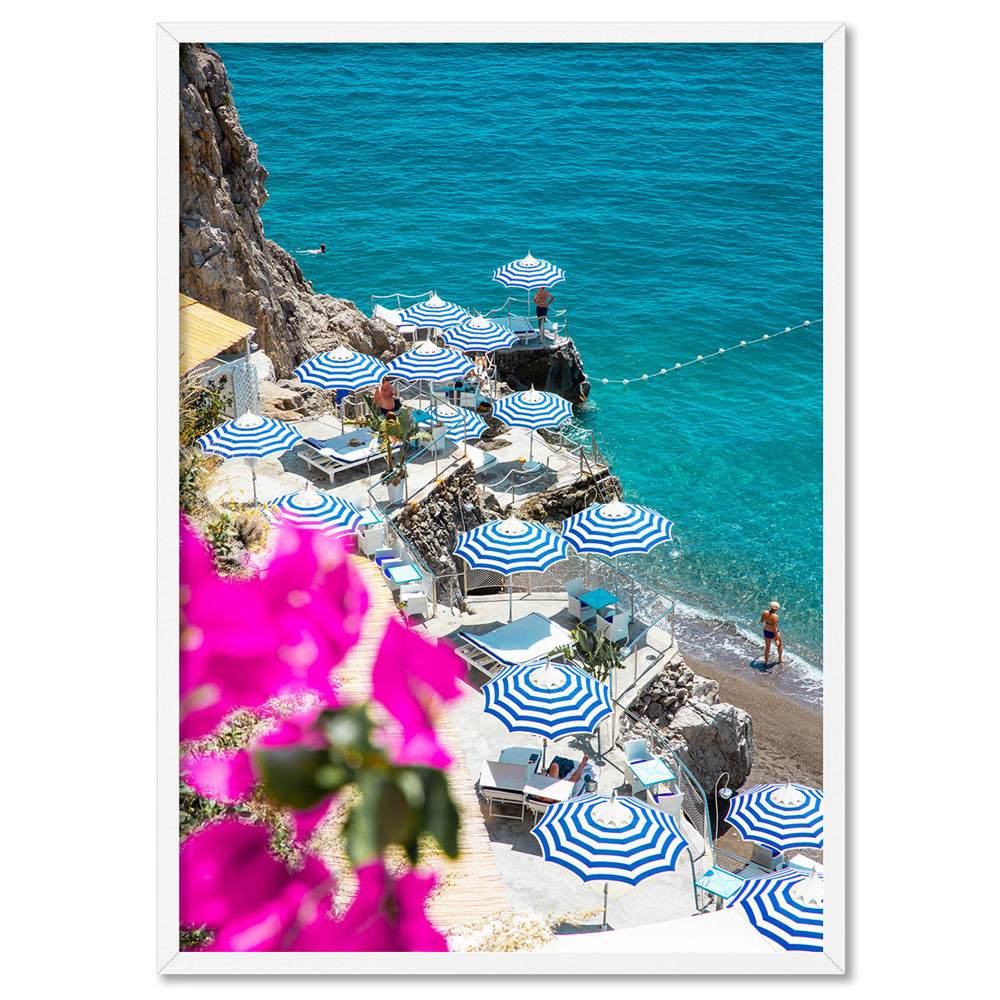 Positano Stripe Parasol View - Art Print by Victoria's Stories, Poster, Stretched Canvas, or Framed Wall Art Print, shown in a white frame