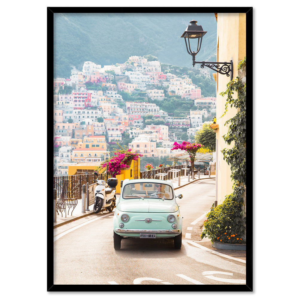 Pastel Teal Fiat Positano - Art Print by Victoria's Stories, Poster, Stretched Canvas, or Framed Wall Art Print, shown in a black frame
