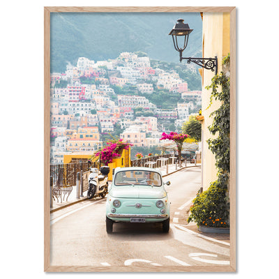 Pastel Teal Fiat Positano - Art Print by Victoria's Stories, Poster, Stretched Canvas, or Framed Wall Art Print, shown in a natural timber frame