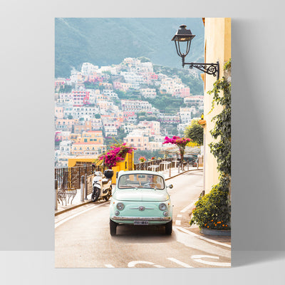Pastel Teal Fiat Positano - Art Print by Victoria's Stories, Poster, Stretched Canvas, or Framed Wall Art Print, shown as a stretched canvas or poster without a frame