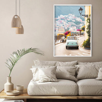 Pastel Teal Fiat Positano - Art Print by Victoria's Stories, Poster, Stretched Canvas or Framed Wall Art Prints, shown framed in a room