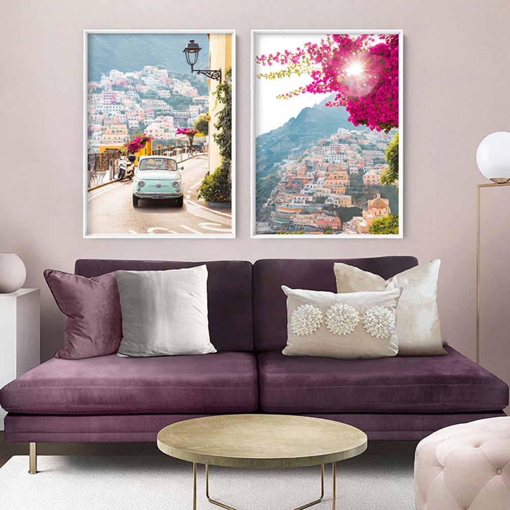 Pastel Teal Fiat Positano - Art Print by Victoria's Stories, Poster, Stretched Canvas or Framed Wall Art, shown framed in a home interior space