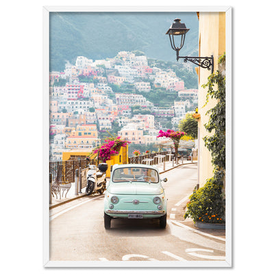 Pastel Teal Fiat Positano - Art Print by Victoria's Stories, Poster, Stretched Canvas, or Framed Wall Art Print, shown in a white frame