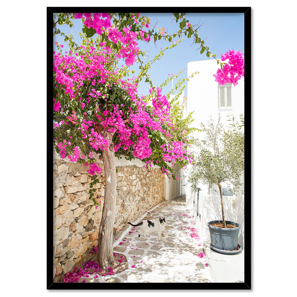 Santorini in Spring | Stone Path - Art Print by Victoria's Stories, Poster, Stretched Canvas, or Framed Wall Art Print, shown in a black frame