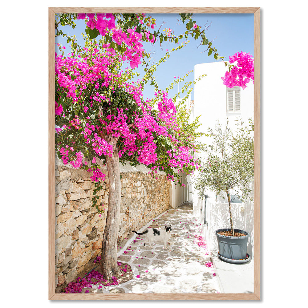 Santorini in Spring | Stone Path - Art Print by Victoria's Stories, Poster, Stretched Canvas, or Framed Wall Art Print, shown in a natural timber frame