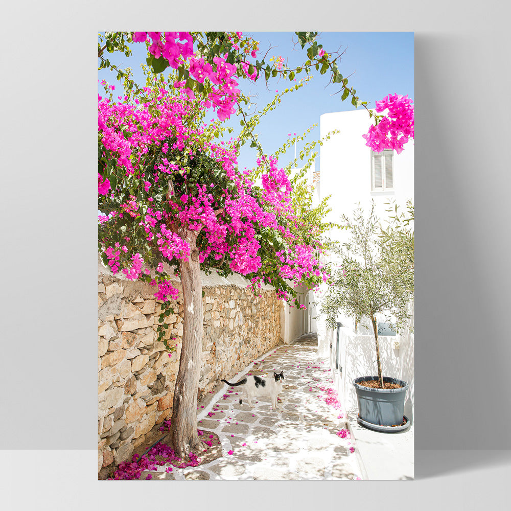 Santorini in Spring | Stone Path - Art Print by Victoria's Stories, Poster, Stretched Canvas, or Framed Wall Art Print, shown as a stretched canvas or poster without a frame