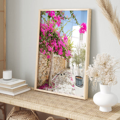 Santorini in Spring | Stone Path - Art Print by Victoria's Stories, Poster, Stretched Canvas or Framed Wall Art Prints, shown framed in a room