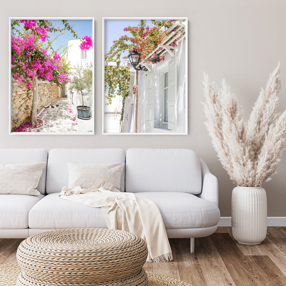 Santorini in Spring | Stone Path - Art Print by Victoria's Stories, Poster, Stretched Canvas or Framed Wall Art, shown framed in a home interior space
