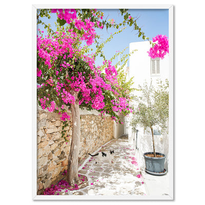 Santorini in Spring | Stone Path - Art Print by Victoria's Stories, Poster, Stretched Canvas, or Framed Wall Art Print, shown in a white frame