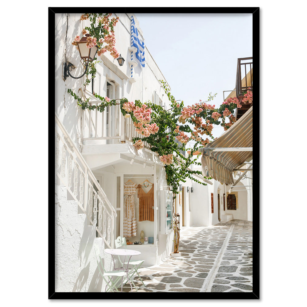 Santorini in Spring | White Terrace Shops - Art Print by Victoria's Stories, Poster, Stretched Canvas, or Framed Wall Art Print, shown in a black frame