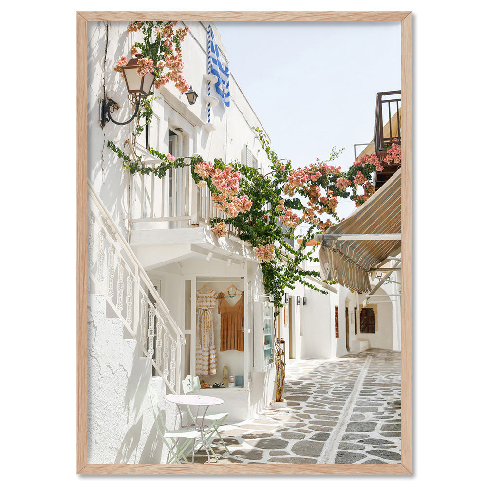 Santorini in Spring | White Terrace Shops - Art Print by Victoria's Stories, Poster, Stretched Canvas, or Framed Wall Art Print, shown in a natural timber frame