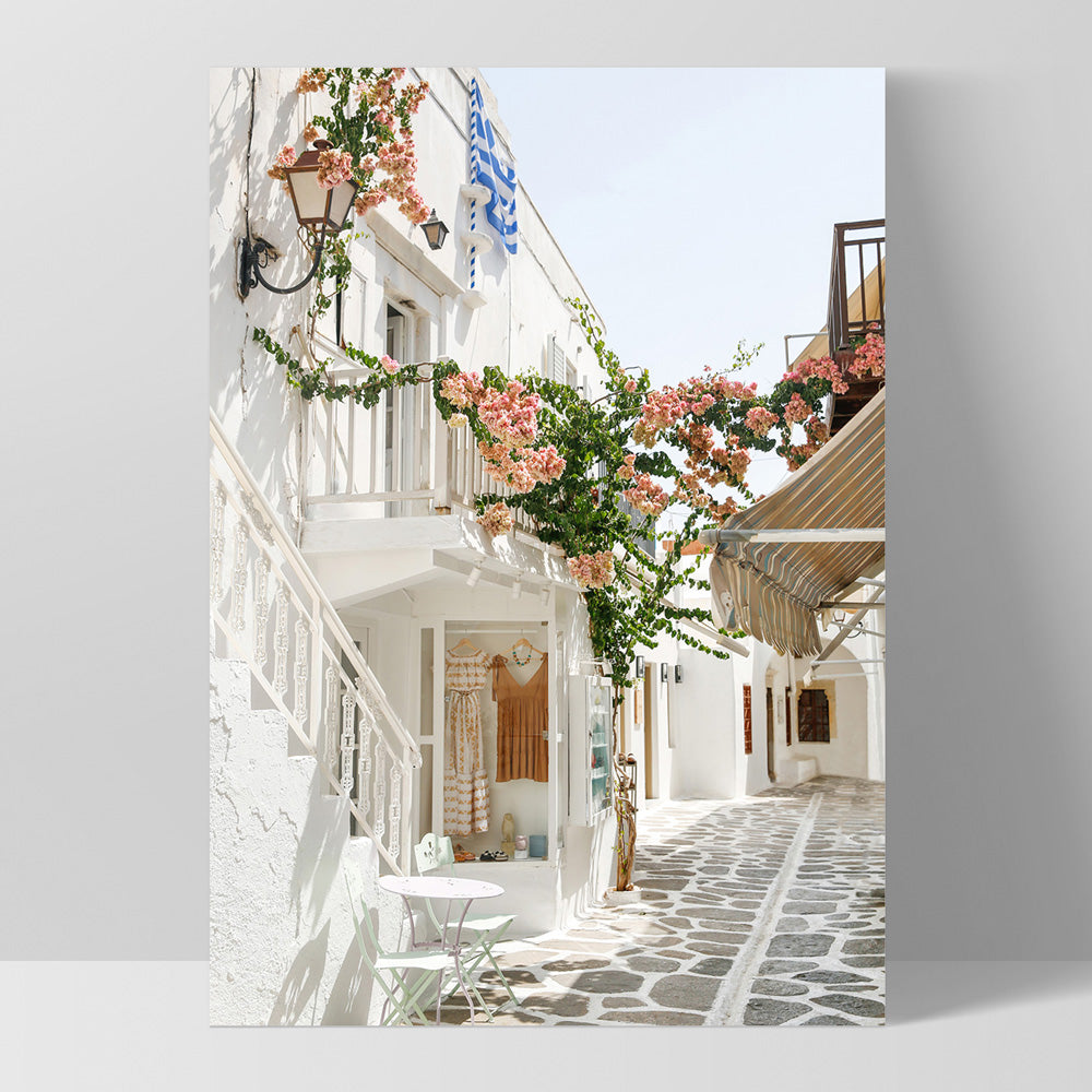 Santorini in Spring | White Terrace Shops - Art Print by Victoria's Stories, Poster, Stretched Canvas, or Framed Wall Art Print, shown as a stretched canvas or poster without a frame