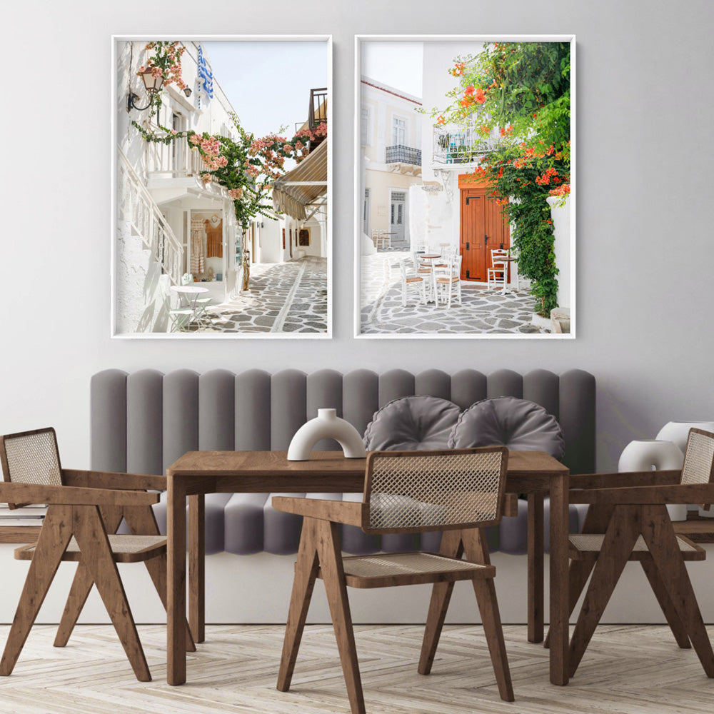 Santorini in Spring | White Terrace Shops - Art Print by Victoria's Stories, Poster, Stretched Canvas or Framed Wall Art, shown framed in a home interior space