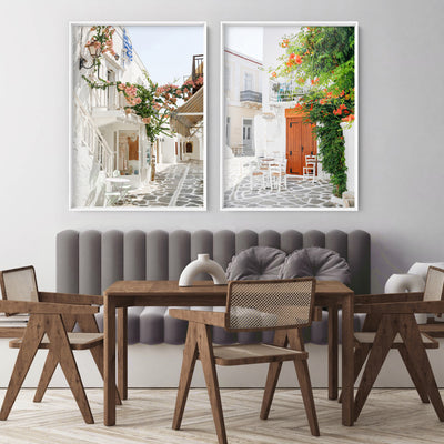 Santorini in Spring | White Terrace Shops - Art Print by Victoria's Stories, Poster, Stretched Canvas or Framed Wall Art, shown framed in a home interior space