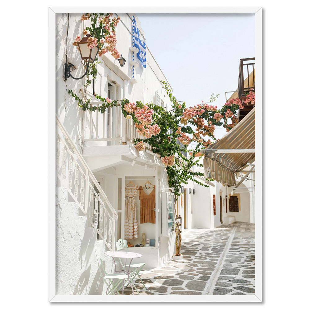 Santorini in Spring | White Terrace Shops - Art Print by Victoria's Stories, Poster, Stretched Canvas, or Framed Wall Art Print, shown in a white frame