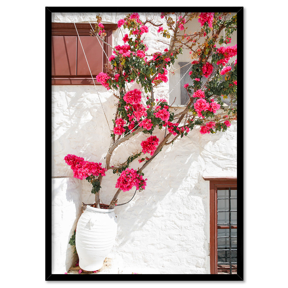 Santorini in Spring | Potted Bougainvillea - Art Print by Victoria's Stories, Poster, Stretched Canvas, or Framed Wall Art Print, shown in a black frame