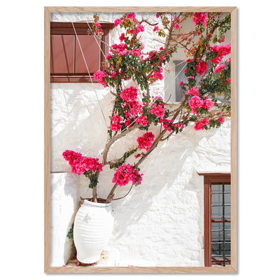 Santorini in Spring | Potted Bougainvillea - Art Print by Victoria's Stories, Poster, Stretched Canvas, or Framed Wall Art Print, shown in a natural timber frame