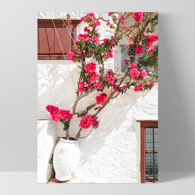 Santorini in Spring | Potted Bougainvillea - Art Print by Victoria's Stories, Poster, Stretched Canvas, or Framed Wall Art Print, shown as a stretched canvas or poster without a frame