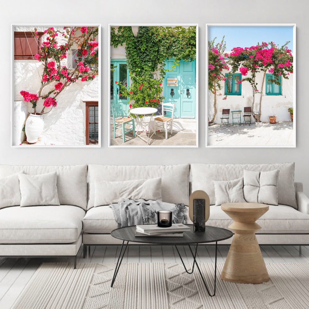 Santorini in Spring | Potted Bougainvillea - Art Print by Victoria's Stories, Poster, Stretched Canvas or Framed Wall Art, shown framed in a home interior space
