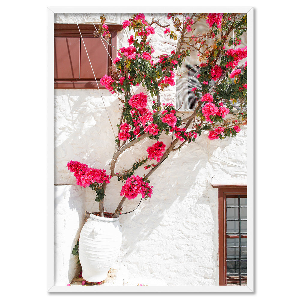 Santorini in Spring | Potted Bougainvillea - Art Print by Victoria's Stories, Poster, Stretched Canvas, or Framed Wall Art Print, shown in a white frame