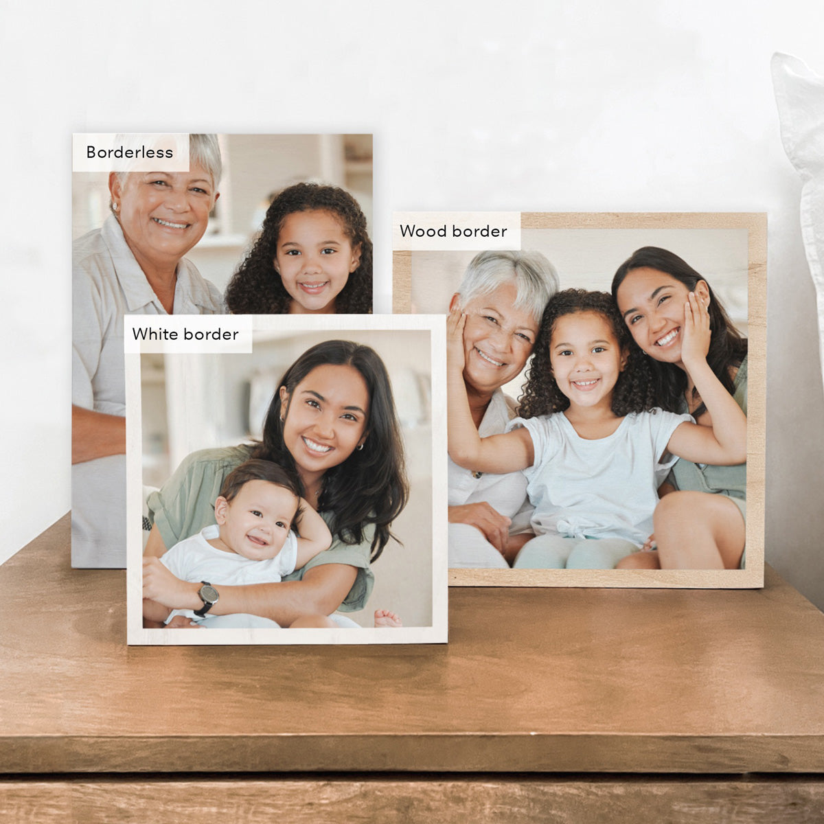 Premium Wooden Photo Block - Standing on a Table, Showing all Border Options to choose from